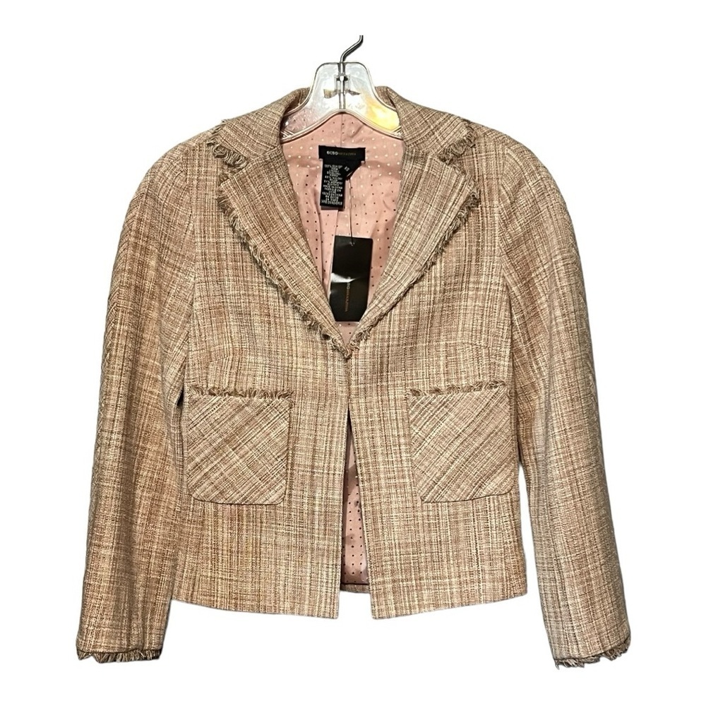 BCBGMAXAZRIA Silk Tweed Blazer Beige & Blush Cropped Fringe Trim Woven Jacket XS